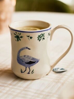 Anthropologie Lexington Stoneware Green Blue Goose Coffee Mug Cup Cottagecore